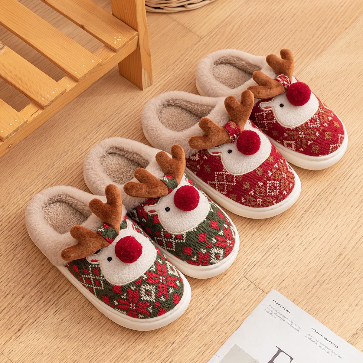 New Cute Christmas Reindeer for Women Winter Home Warm Non-Slip Plush Cotton Slippers ddmymarket