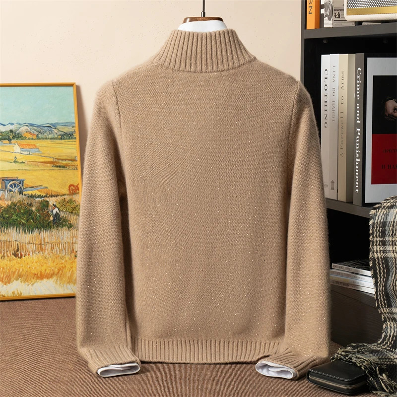550g 100 Pure Cashmere Sweater Mens DoublePly Thickened Golden Bean Yarn Cardigan Loose Knitted Base Shirt 250929