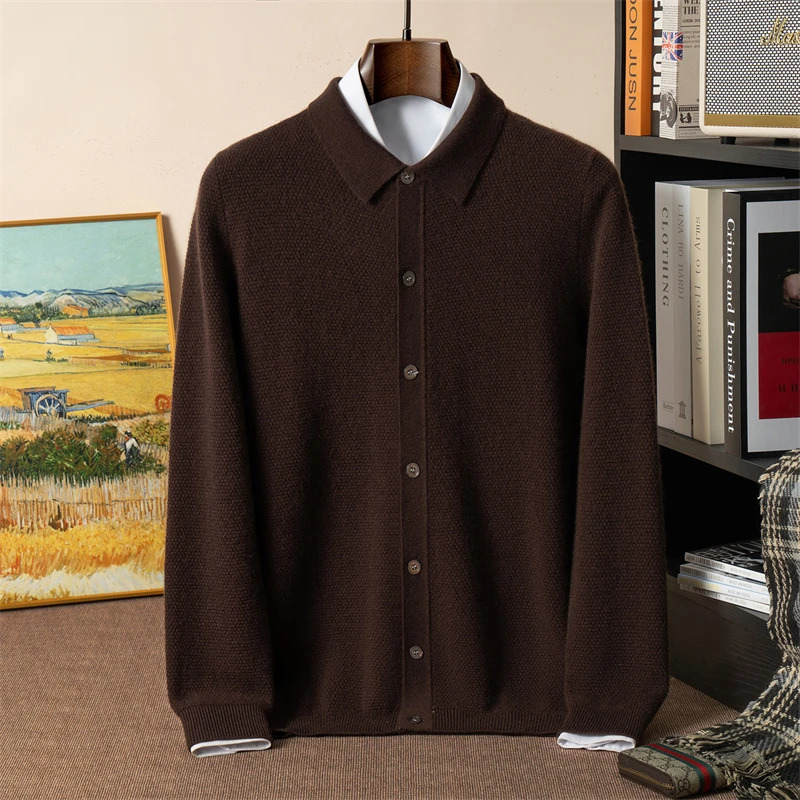 100 Pure Cashmere Sweater Polo Collar Mens Cardigan TwelveNeedle Honeycomb Knitwear Casual Base Solid Color 250929