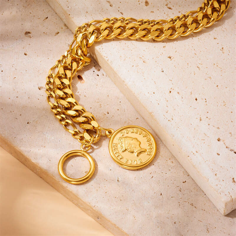Elegant Fashionable Stainless Steel Necklace with Portrait Design & Gold Finish - OT Clasp Closure