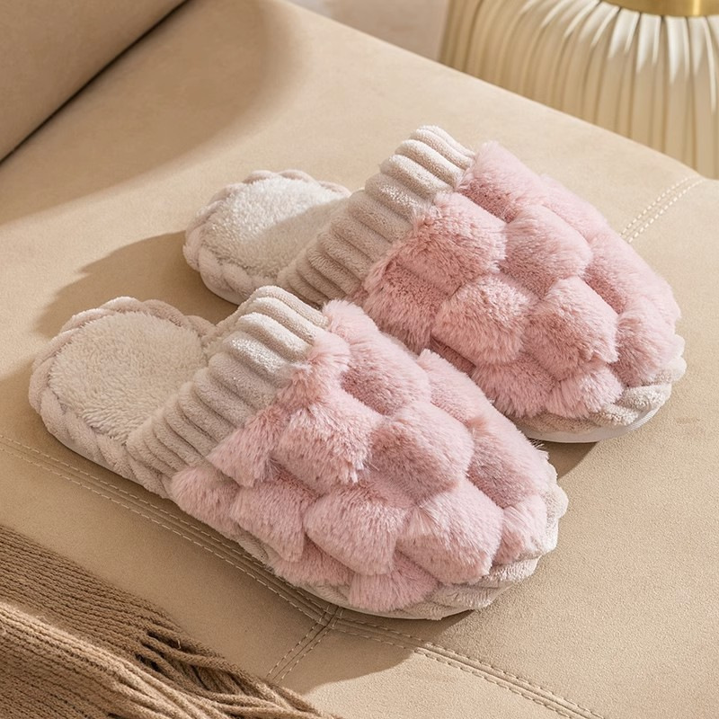 Winter Waffle Plush for Women, Indoor Warm Home Cotton Slippers, Non-Slip Soft Sole Couple Fuzzy Slippers ddmymarket