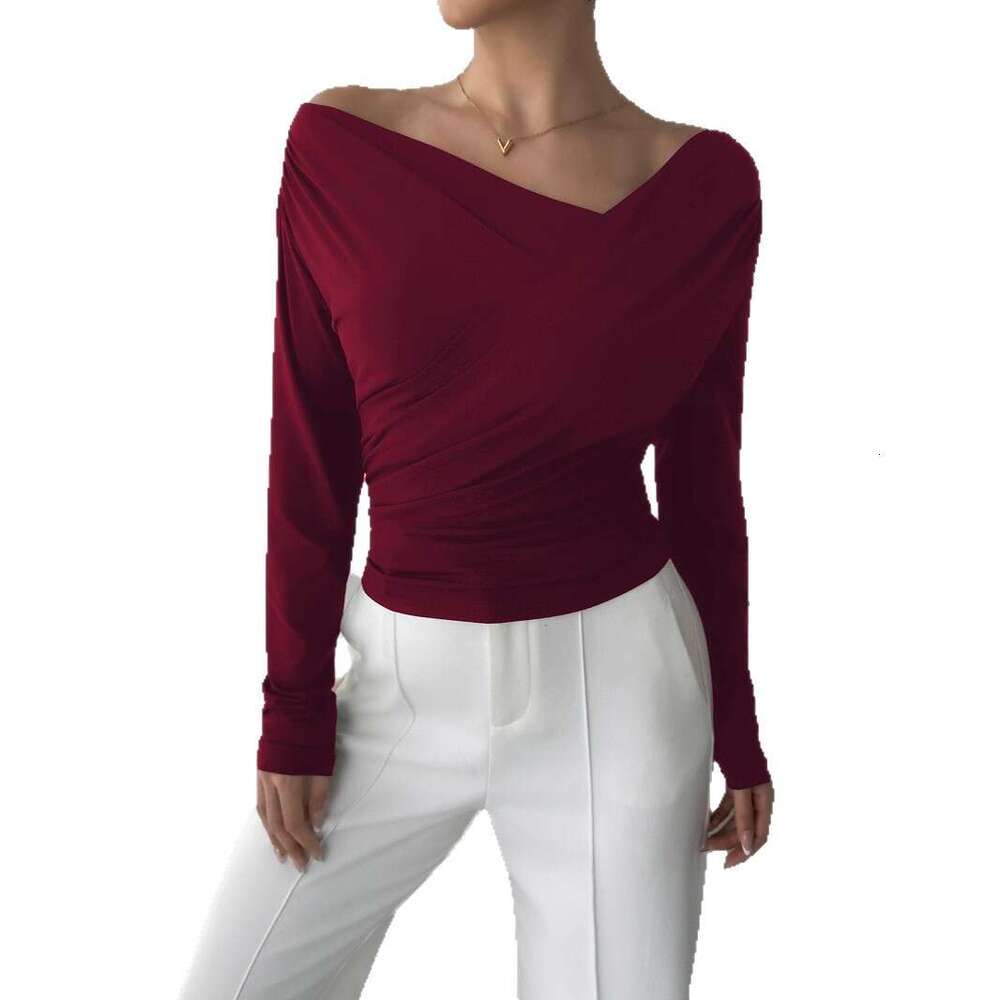 2025 Autumn Winter New Solid Color Fashion Asymmetrical Neck Off-Shoulder Slimming Long Sleeve Versatile Commuter Top