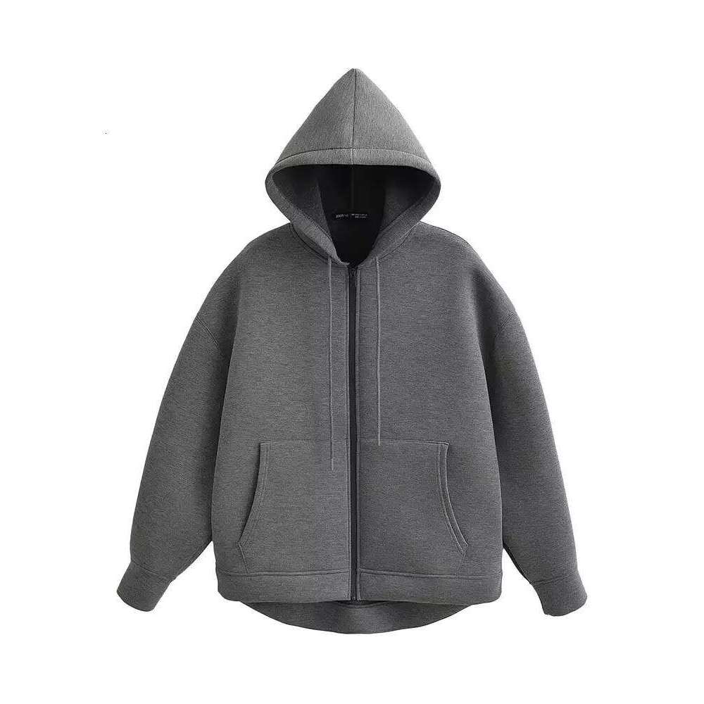 HH Autumn Women Gray With Hood Long Sleeve Big Pocket Zipper Jacket Woman Loose Casual Outerwear Coat Tops