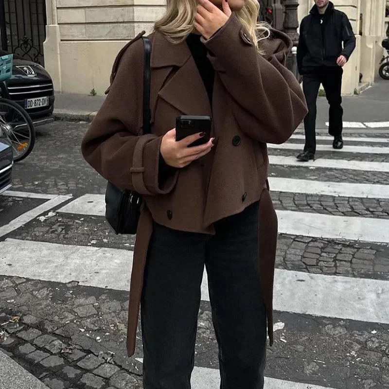 European and American womens clothing big lapel woolen sweater fashion short belt coat jacket 250930