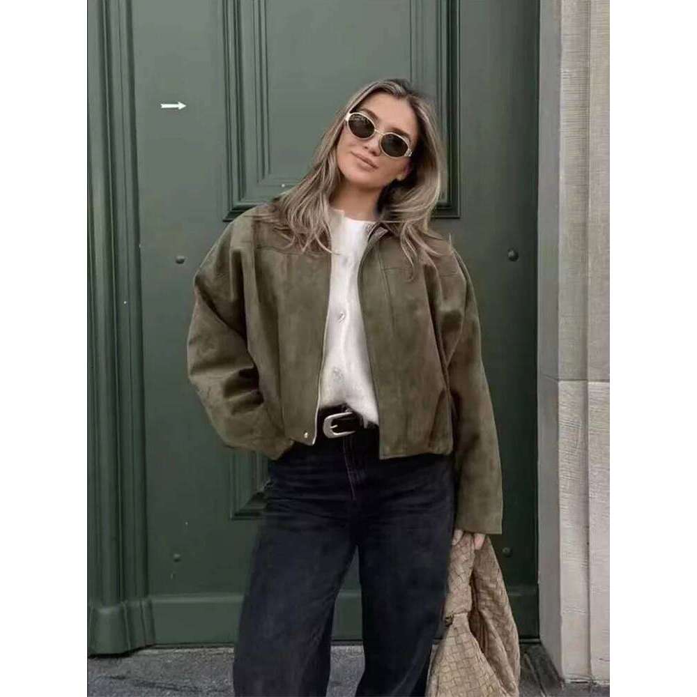 Women Green Suede Jacket 2025 New Spring Fashion Long Sleeve Zipper Oversize Bomber Coat Chic Female High Street Outerwear
