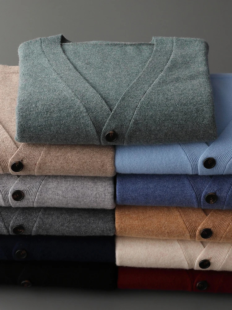 Basic Mens Sweater Cardigan Autumn Winter Clothes 100 Merino Wool Casual Warm VNeck Single Breasted Knit Coat 250929