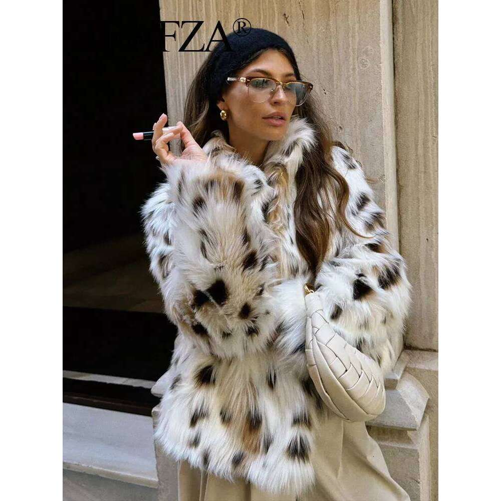 HH Autumn Winter Women Fashion Print Faux Fur Coat Casual Loose Long Sleeve Plush Thick Warm Jacket Female Y2k Streetwear