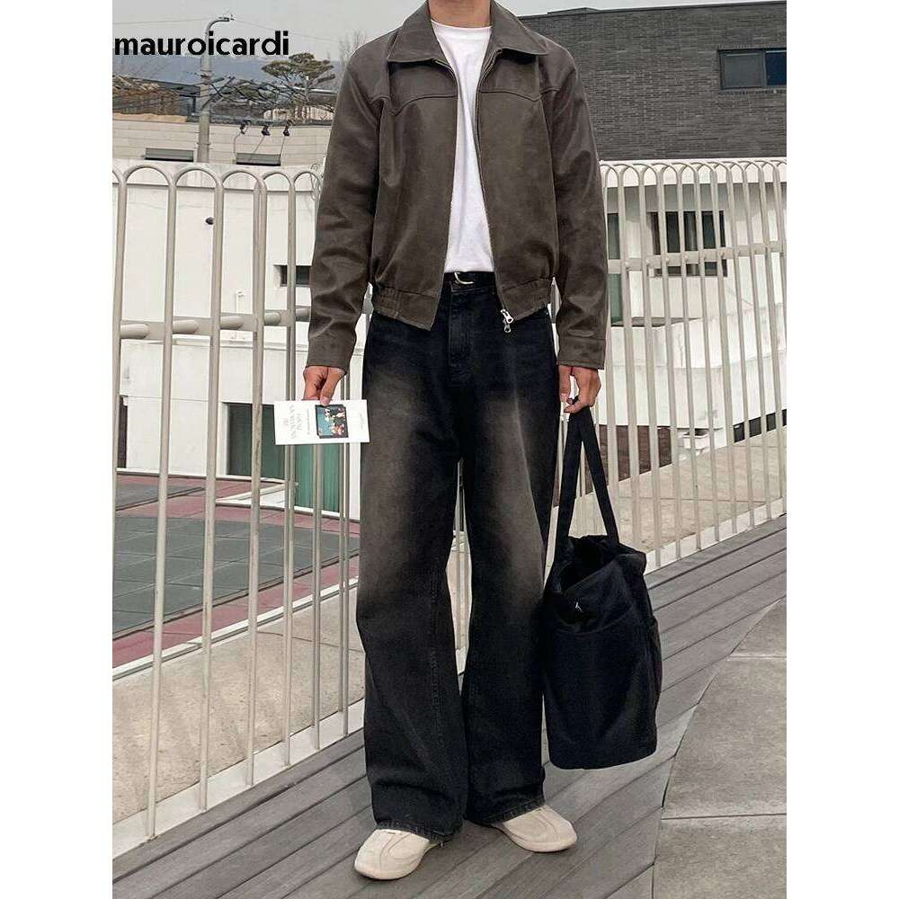 Mauroicardi Spring Autumn Vintage Lightweight Distressed Washed Brown Pu Leather Jacket Men Zipper Casual Korean Fashion Clothes