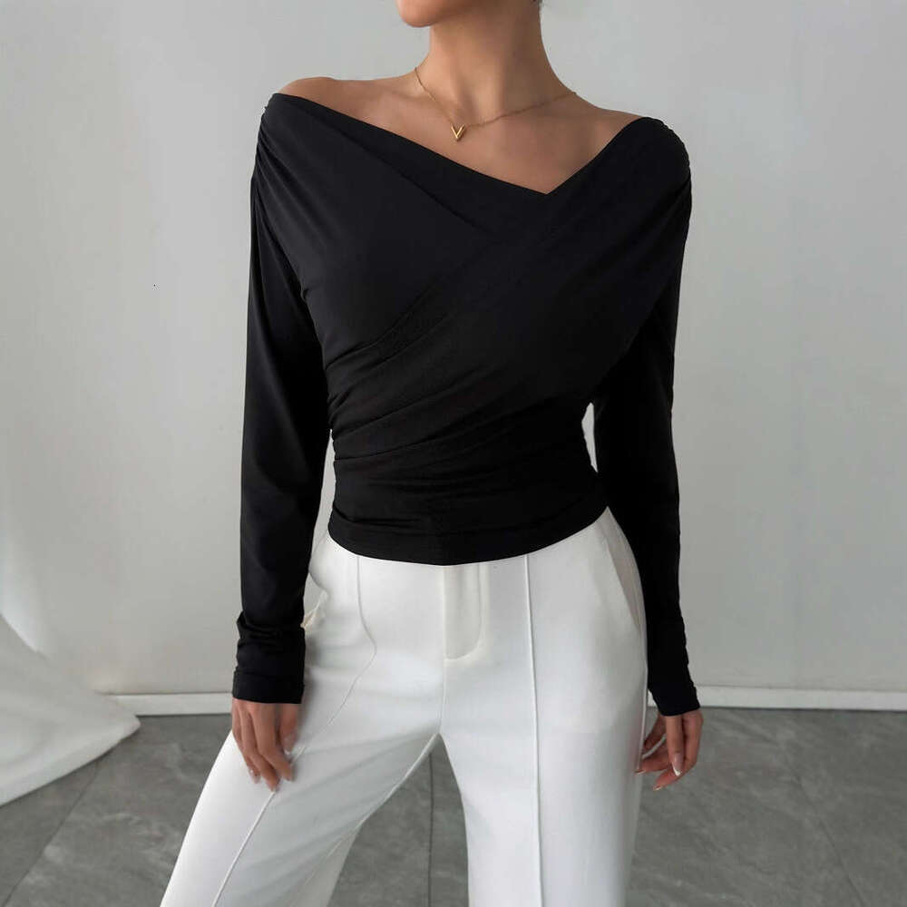 2025 Autumn Winter New Solid Color Fashion Asymmetrical Neck Off-Shoulder Slimming Long Sleeve Versatile Commuter Top