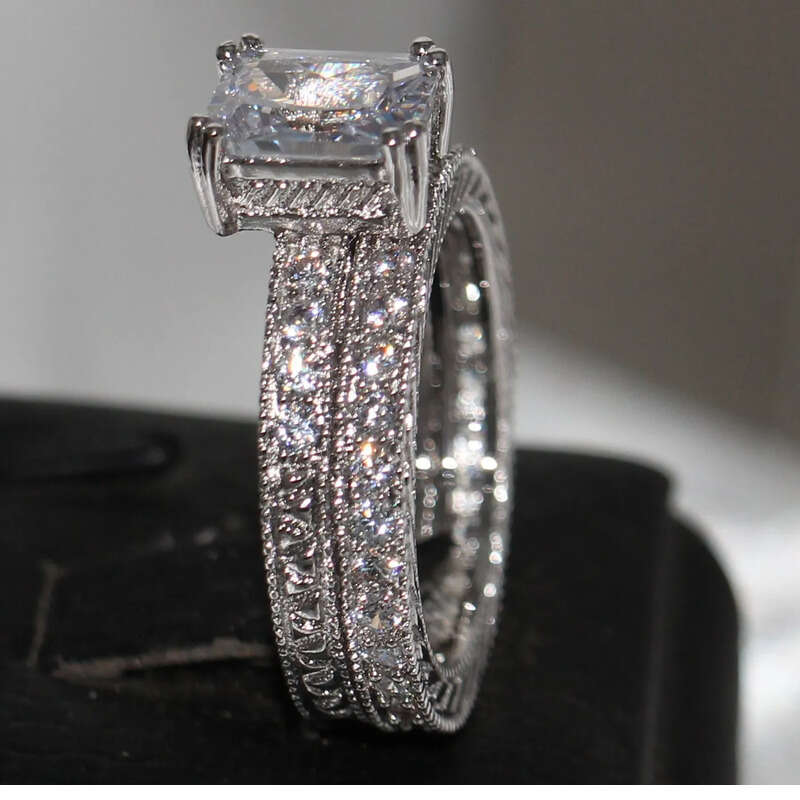 Size 5-10 Vintage Fashion Jewelry 10KT Gold Filled princess Cut 5A White Topaz CZ Dia Retro Women Weding Bridal Band Ring Set Gift