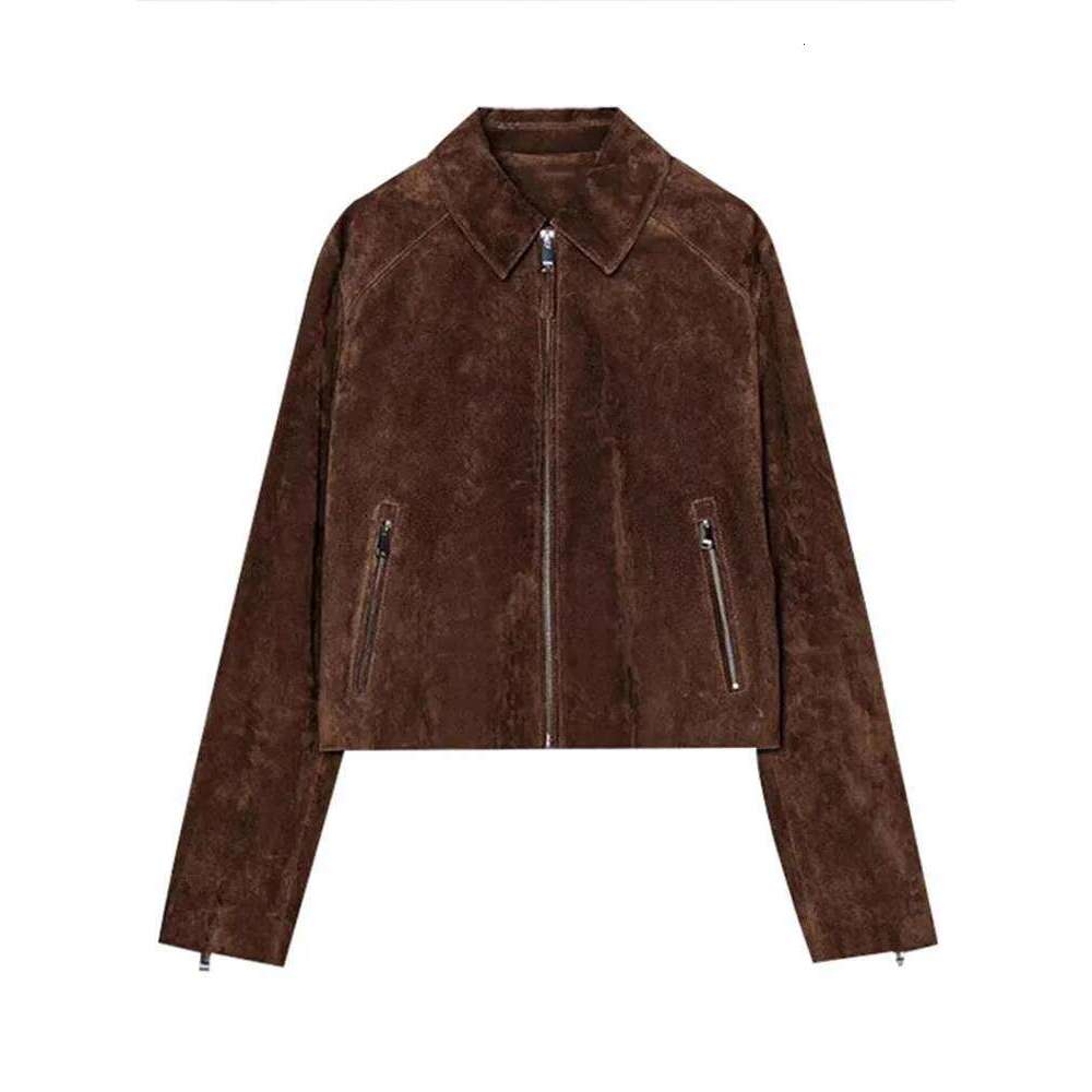 Vintage Women's Zipper Suede Short Jacket Long Sleeve Lapel Pockets Brown Slim Coat 2025 Autumn Lady All-Match Outwears