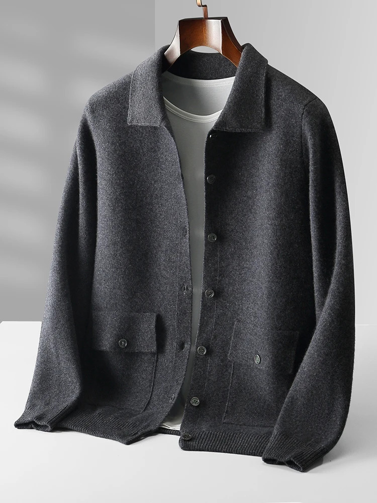 Spring Autumn 100 Merino Wool Knitwear Men Sweater High Quality Turndown Collar Single Breasted Solid Color Cardigan Soft Tops 250929