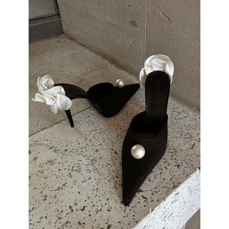 35-43 Plus Size New Pointed Vheelvet Pearl High heels Women Thin heel Socialite Party White Rose Flower Closed Toe Backless Sandals