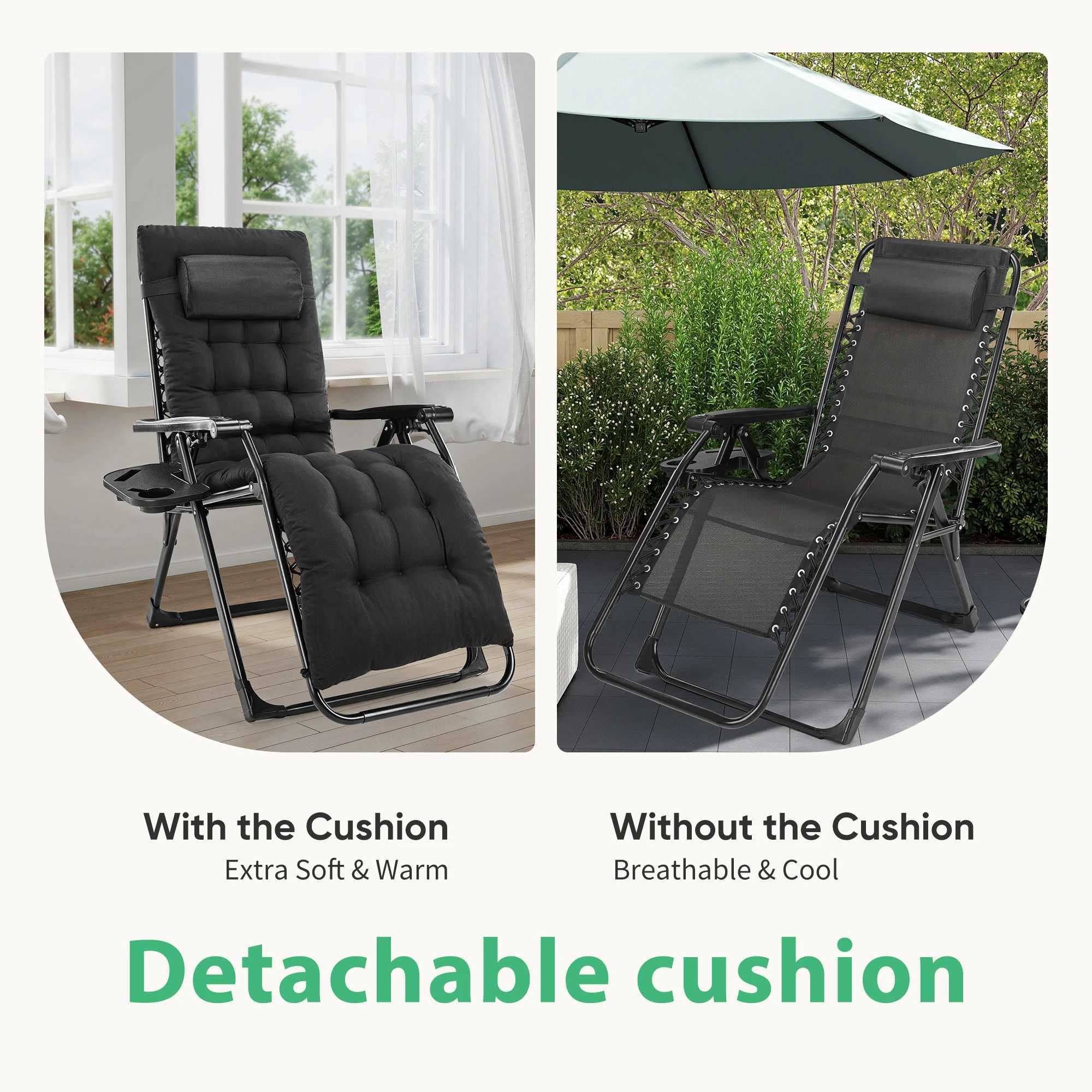 JHK Zero Gravity Recliner Camping Patio Lounge Chair Folding Portable with Cup Holder Trays Removable Cushion For Outdoor Garden J250930