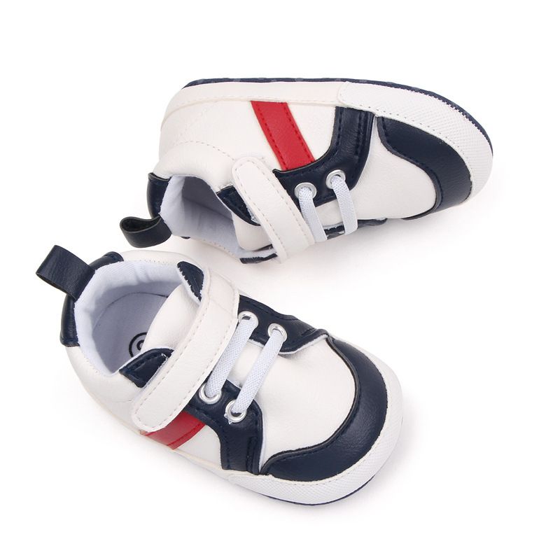 Infant Baby Boys Sneakers Stripe PU Leather Anti-Slip Soft Sole Kidszworld Prewalker Toddler First Walker Shoes 0-18 Months K0472