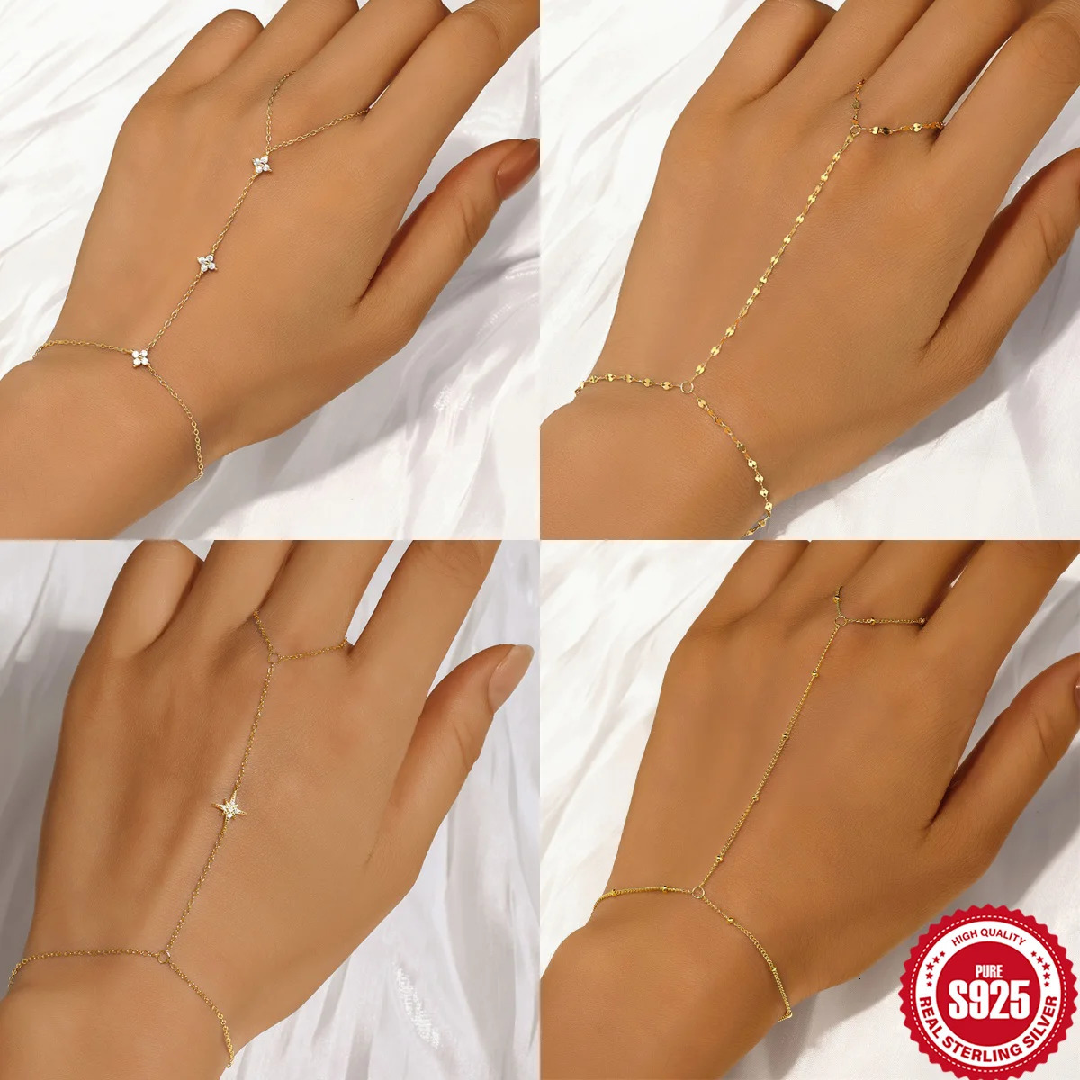 BOAKO 925 Sterling Silver HeartStar Zircon For Women Hand Chain Multiple Layers with Finger Rings n Party Jewelry Gift 250928