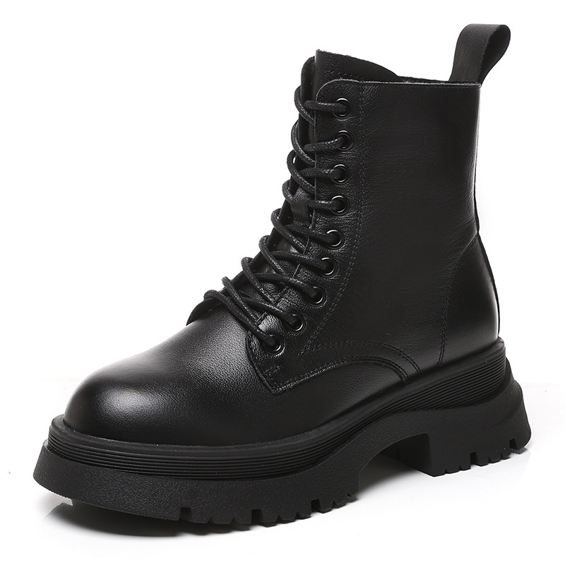 New women's genuine leather Martin boots, new British cowhide autumn and winter boots, black thick soled short boots, designer shoes