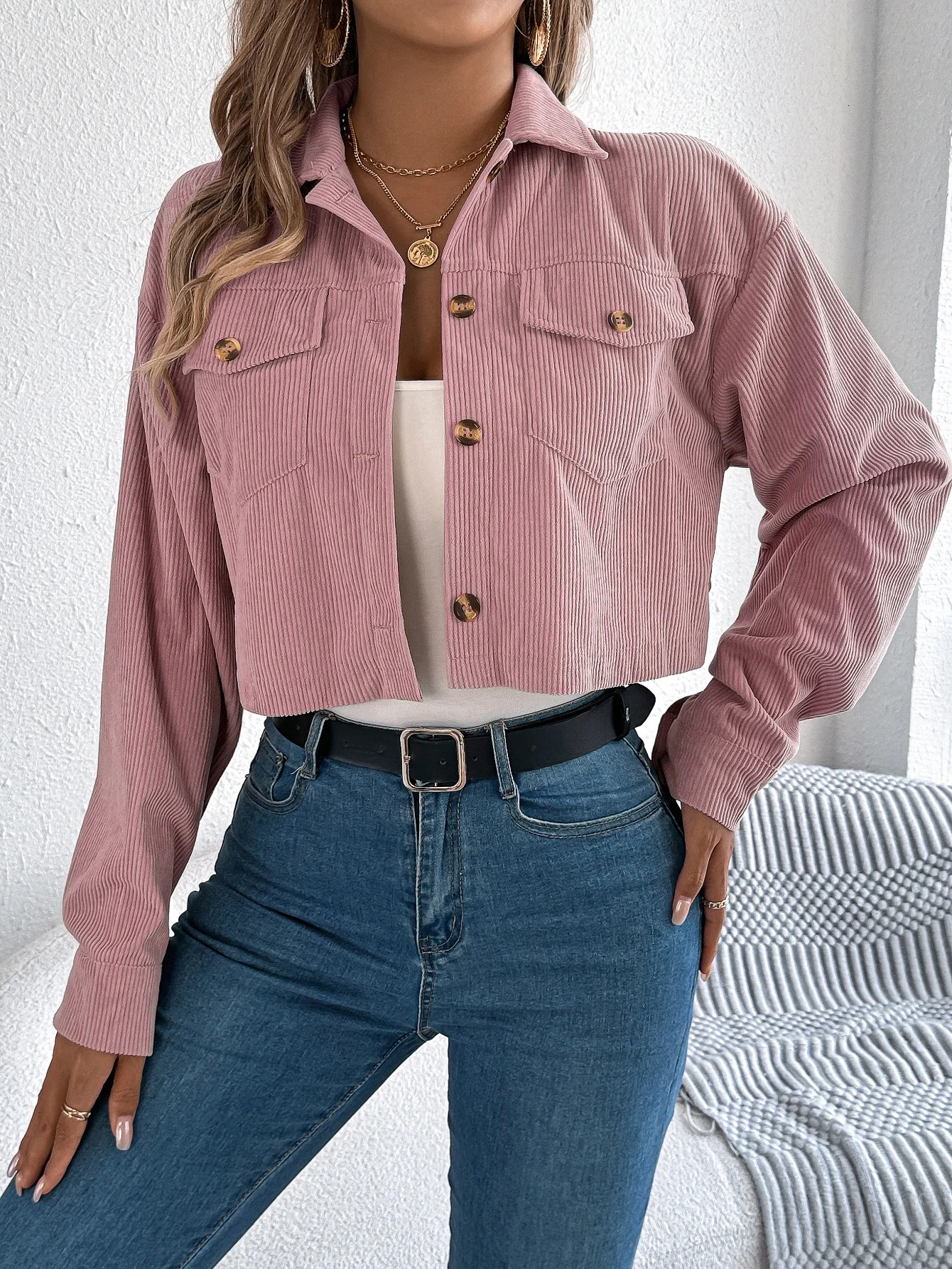 Autumn Winter Crop Jacket Woman 2025 Casual Pocket Single Breasted Long Sleeve Lapel Black Pink Khaki Short Corduroy Coats 250930