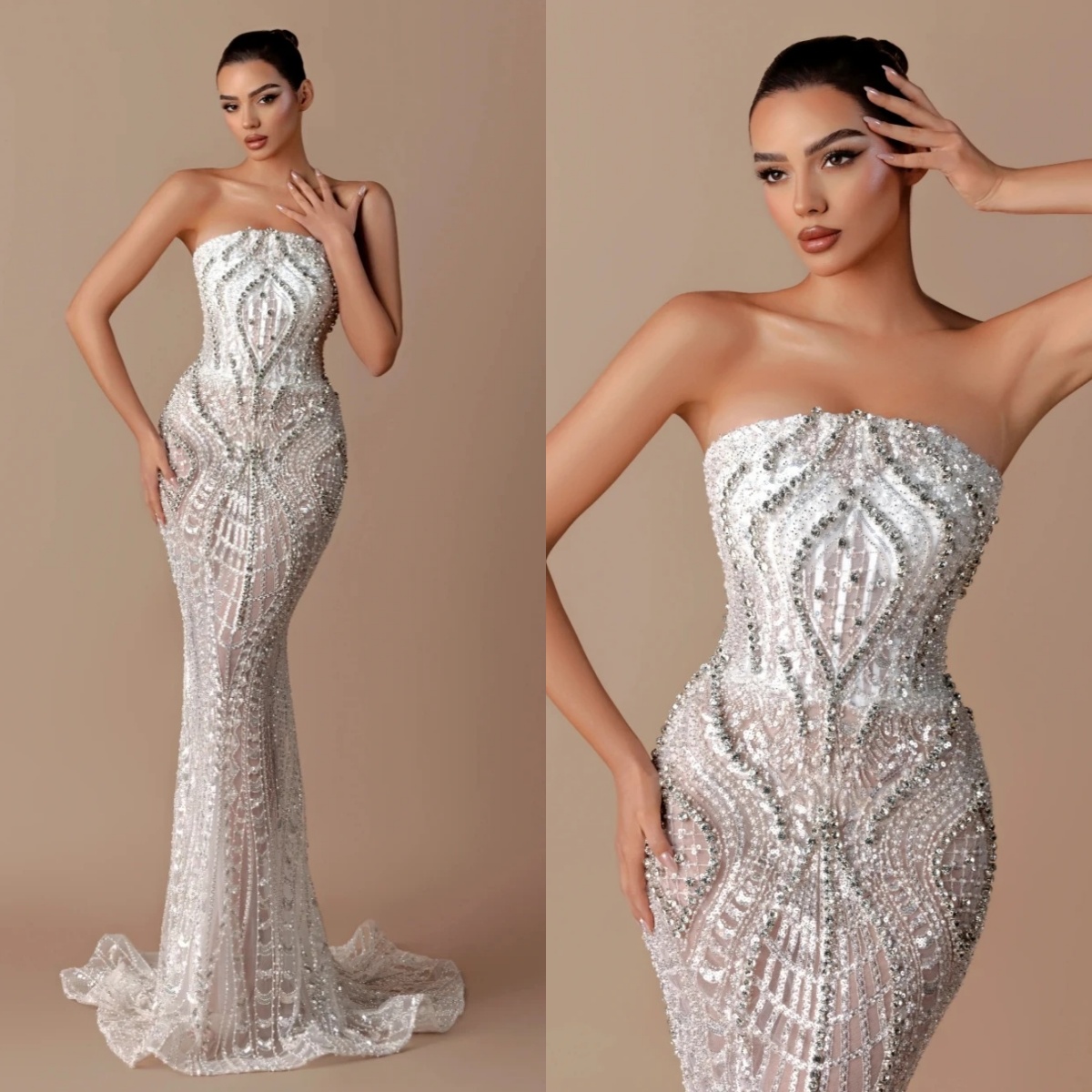 Luxury Strapless Wedding Dresses Rhinestone Bridal Gowns Sequins Illusion Sleeveless Mermaid Sweep Train Customized Vestidos De Novia Plus Size