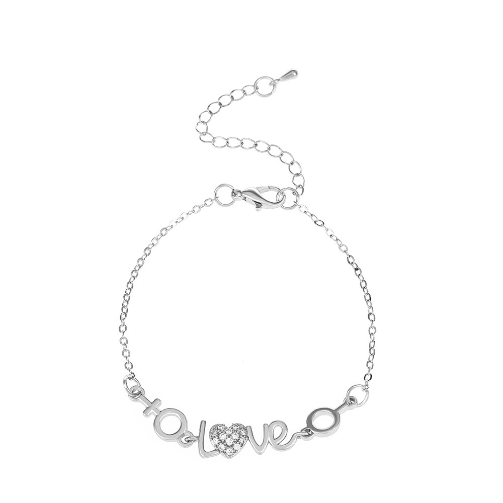 Ins Style LOVE Letter Heart-Shaped Couple Personality Temperament Copper Inlaid Dia Heart Bracelet for Men and Women