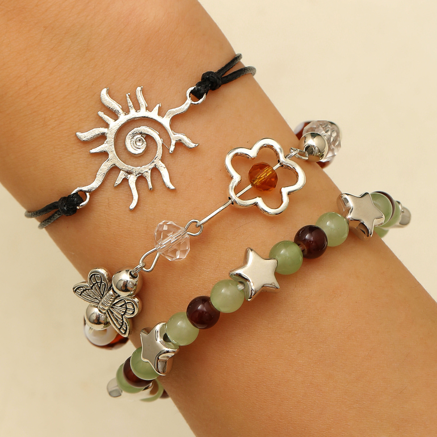 Ethnic Style Sun Butterfly Beaded for Women Colorful Star Mushroom Set Bracelet