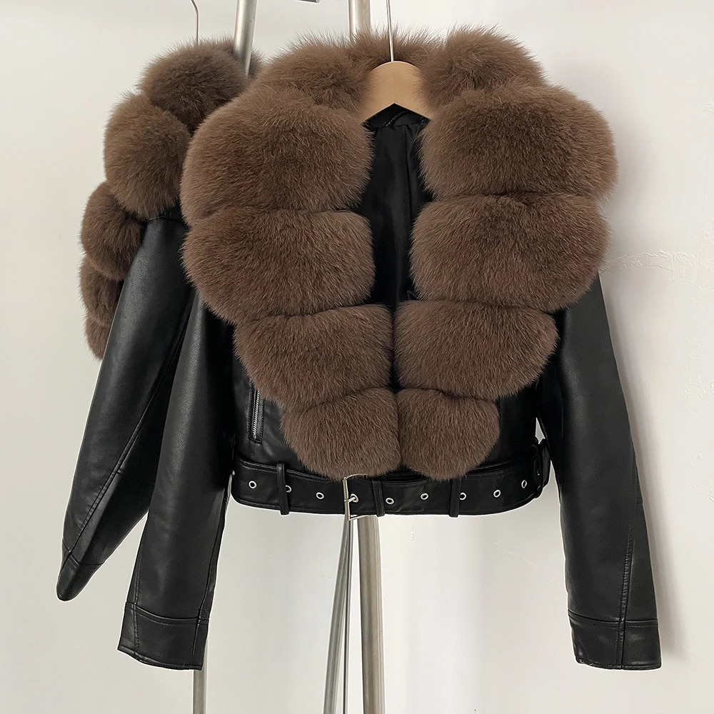 OFTBUY Natural Fur Faux Leather Jacket Female Autumn Short Top Clothing Women Long Sleeve Real Coat 250930