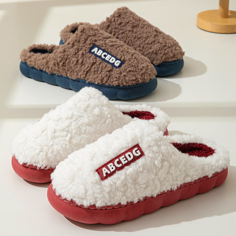 New Slippers for Women, Autumn and Winter Indoor Home Warm Outdoor Non-Slip Thick Sole Fleece-Lined Lettered Soft Cotton Shoes ddmymarket