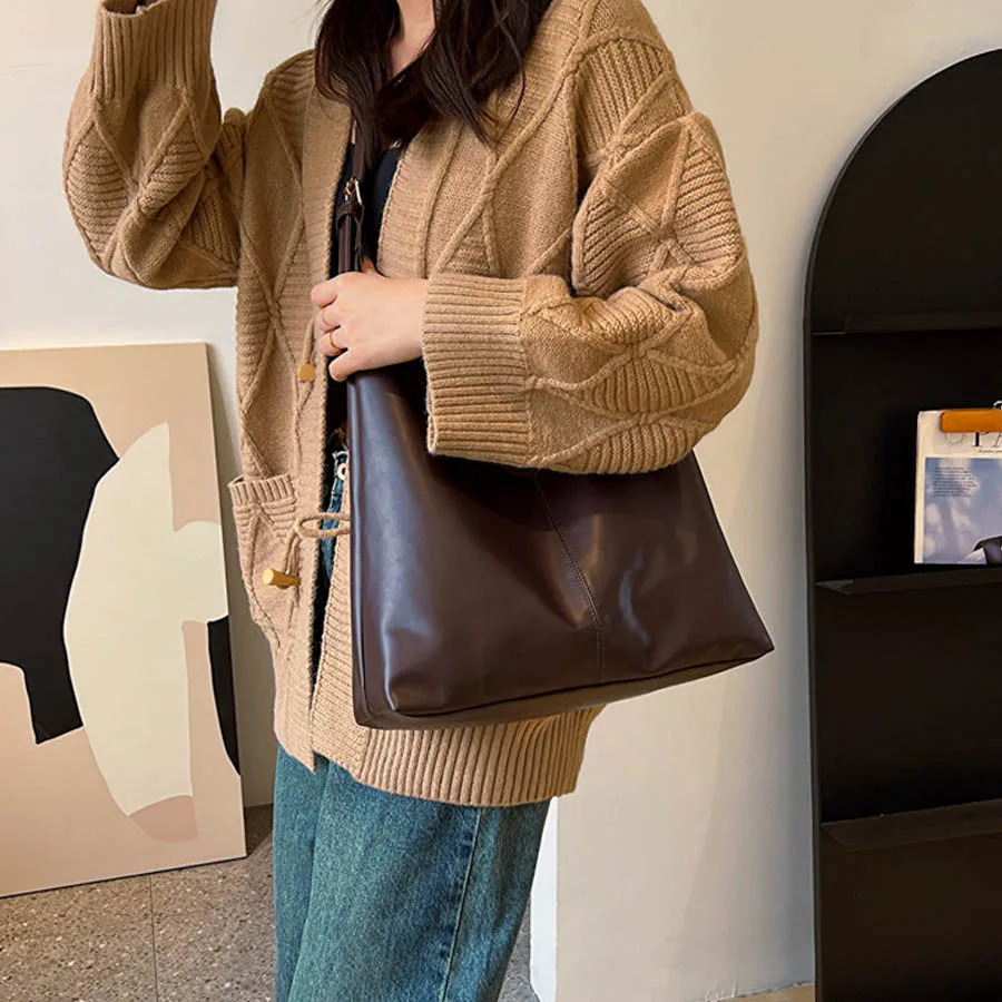 Trendy Casual Soft PU Womens Handbags Solid Color Large Capacity Female Shoulder Bag Retro Tote Bag For Commute Shopping 250929