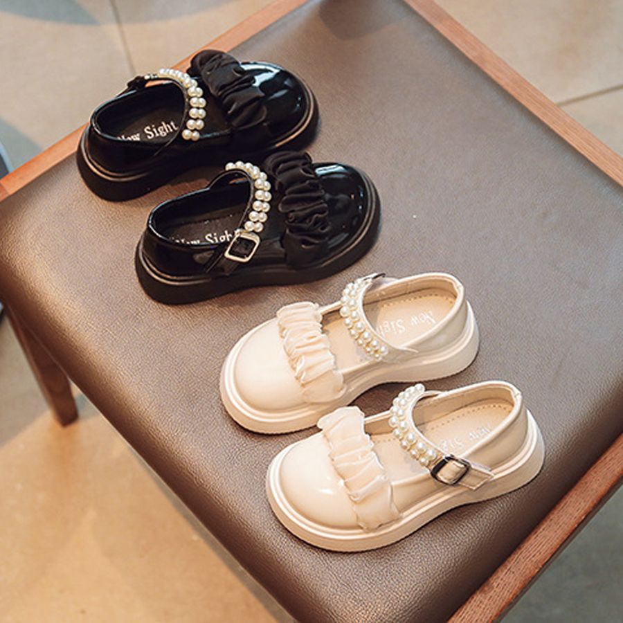 Girls Leather Kids Shoes Mary Jane Glossy Pearls and Bow Solid Color Baby Casual Princess Shoes Kidszworld for Children Party Wedding Flats Dress Shoe