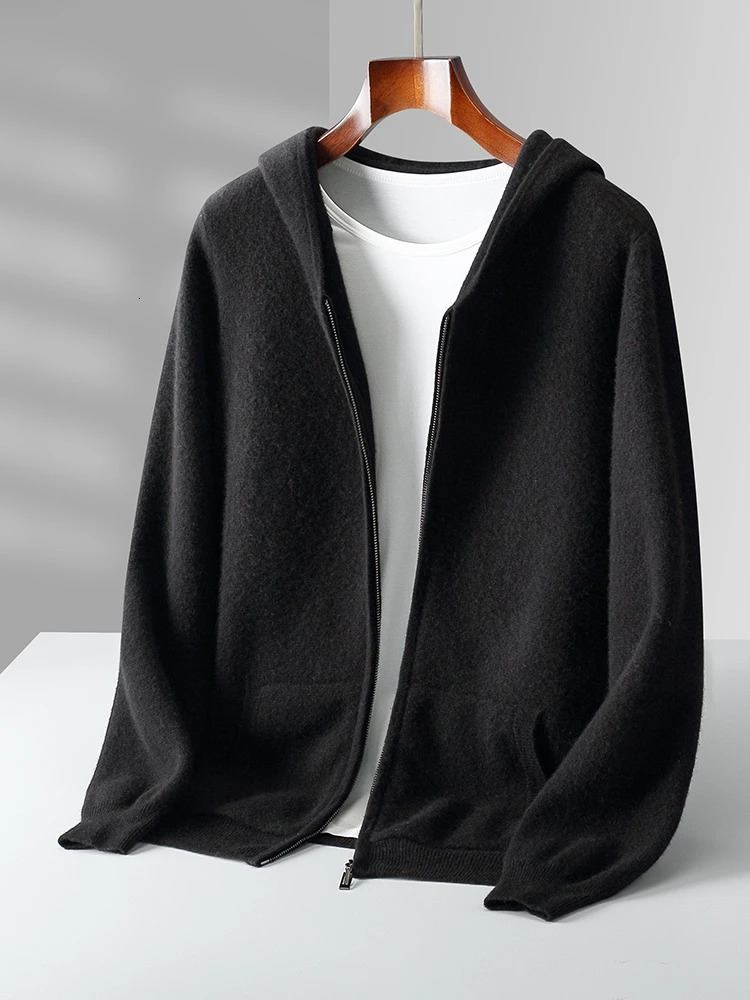 Autumn Winter Mens Hooded Zippers Cardigan Air Layer Sweater Thick 100 Merino Wool Knitwear Long Sleeve Casual Cashmere Coat 250929