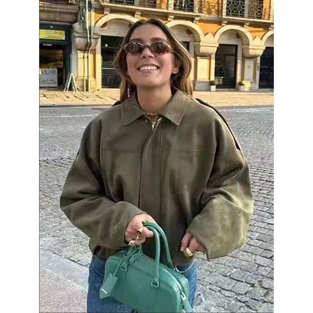Women Green Suede Jacket 2025 New Spring Fashion Long Sleeve Zipper Oversize Bomber Coat Chic Female High Street Outerwear