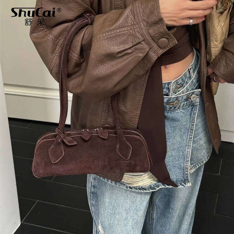 Genuine Cow Leather Women's Shoulder Bag Designer High Quality Matte Suede Huge Commute Cowhide Ladies Handbag For Woman