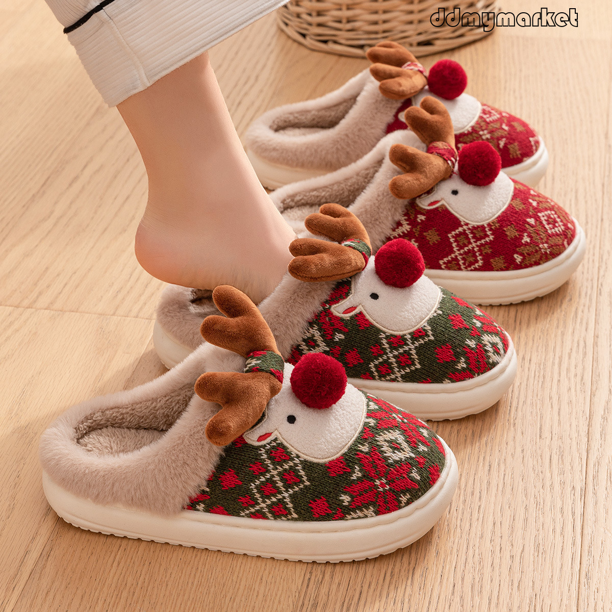 New Cute Christmas Reindeer for Women Winter Home Warm Non-Slip Plush Cotton Slippers ddmymarket