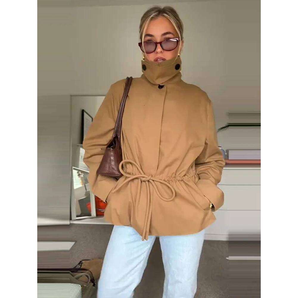 Women Solid Drawstring Short Jackets Stand Covered Button Long Sleeve Waist Casual Coat Fashion High Street Autumn Winter Coats