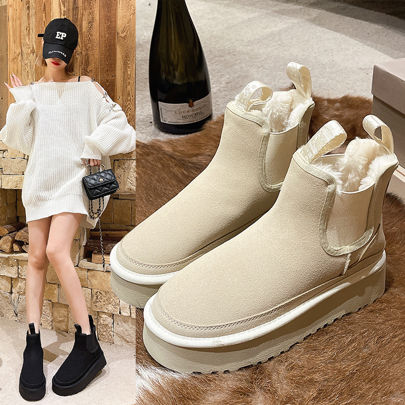 Thick Soled Women's Snow Boots Height Increasing Cotton Shoes Wool Middle Boots Inner Lining Middle Boots Autumn And Winter New Warm Designer Sho