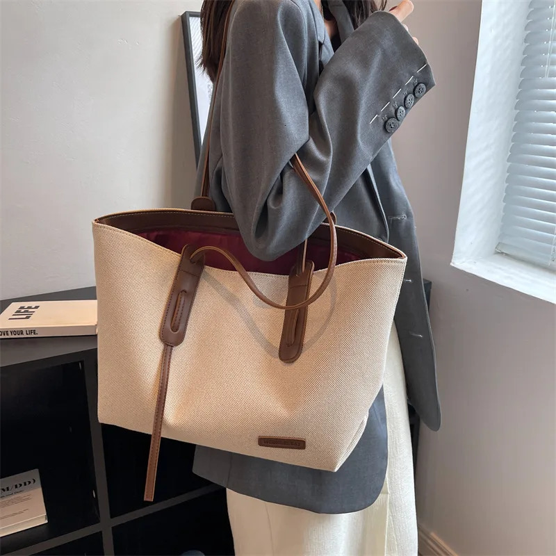 Young Womens Tote Bag Large Capacity Canvas College Student Book Handbag Womens White Shoulder Bag Fashionable Work Handbag 250929