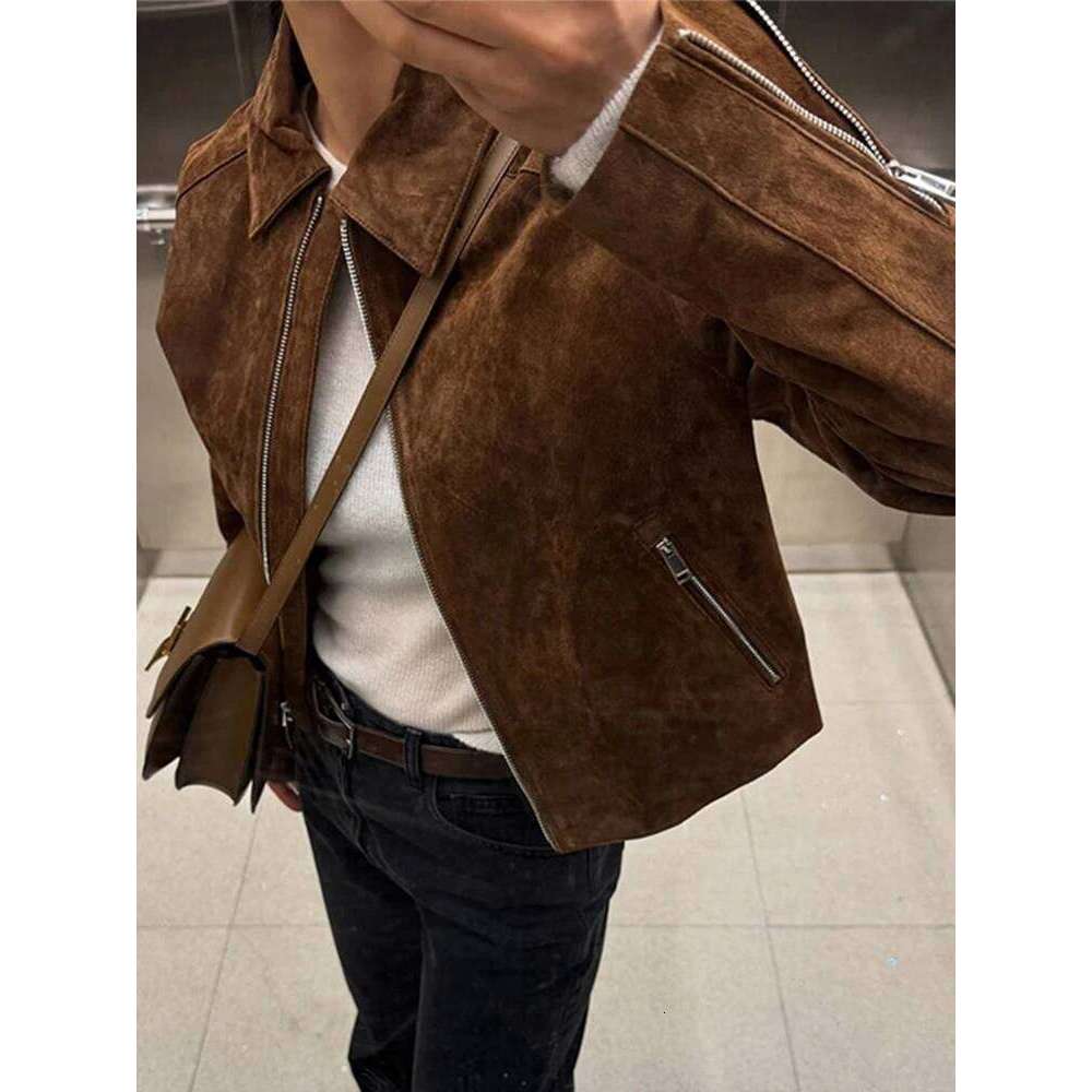 Vintage Women's Zipper Suede Short Jacket Long Sleeve Lapel Pockets Brown Slim Coat 2025 Autumn Lady All-Match Outwears
