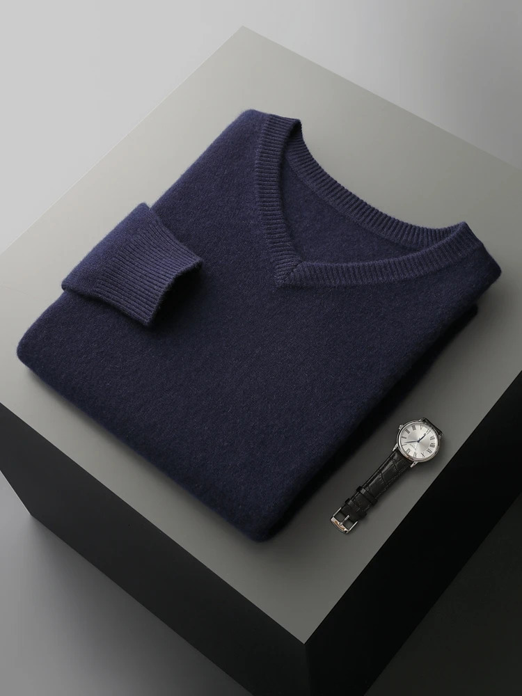 MEETCC 2025 Men 100 Cashmere Basic Pullover Autumn Winter VNeck Thick Warm Sweater Smart Casual Knitwear 250929
