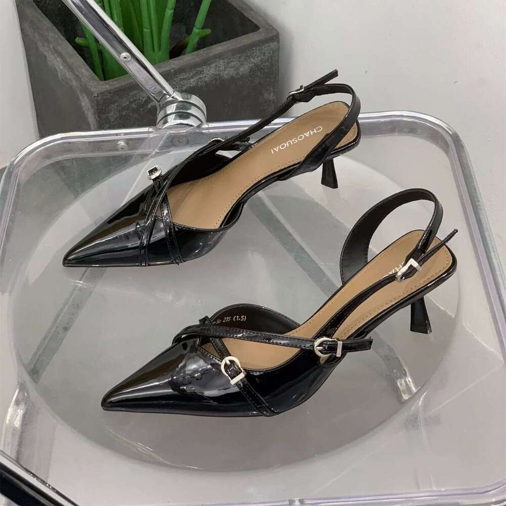 35-42 Plus Size 2025 New Pointed Kitten heel Closed Toe Sandals for Women British Style One-Strap High heels Women's Shoes