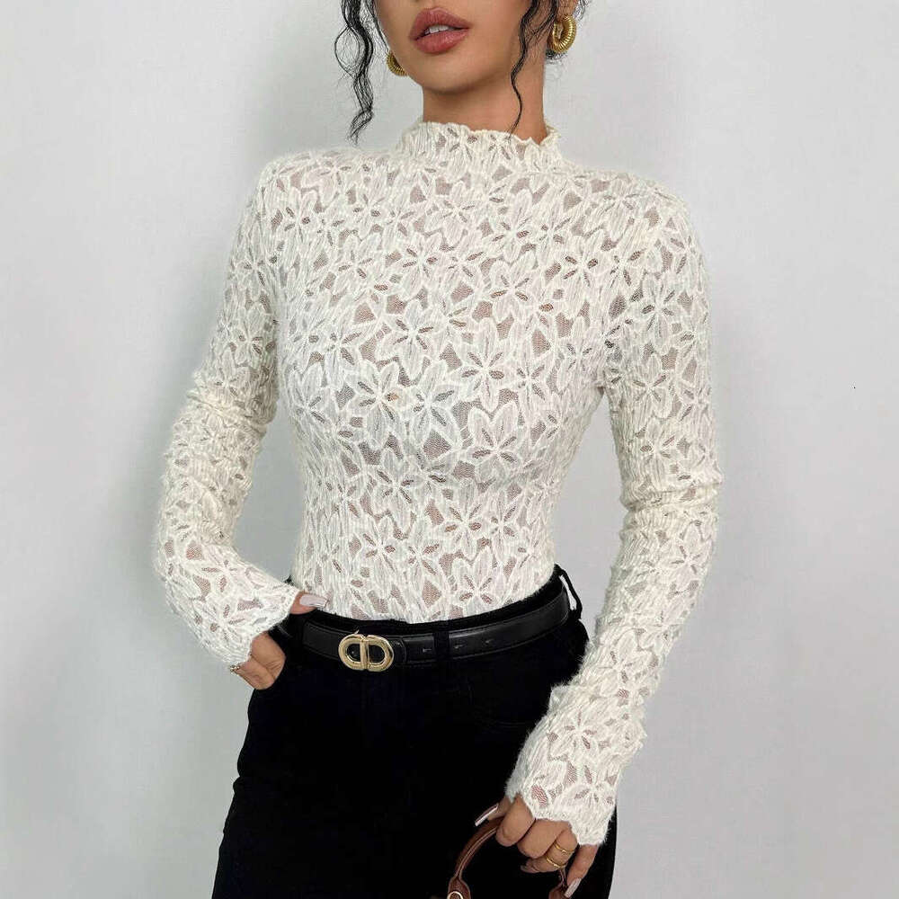 2025 Autumn Winter New Women's Ruffled Half Turtleneck Lace Slim Fit T-Shirt Top