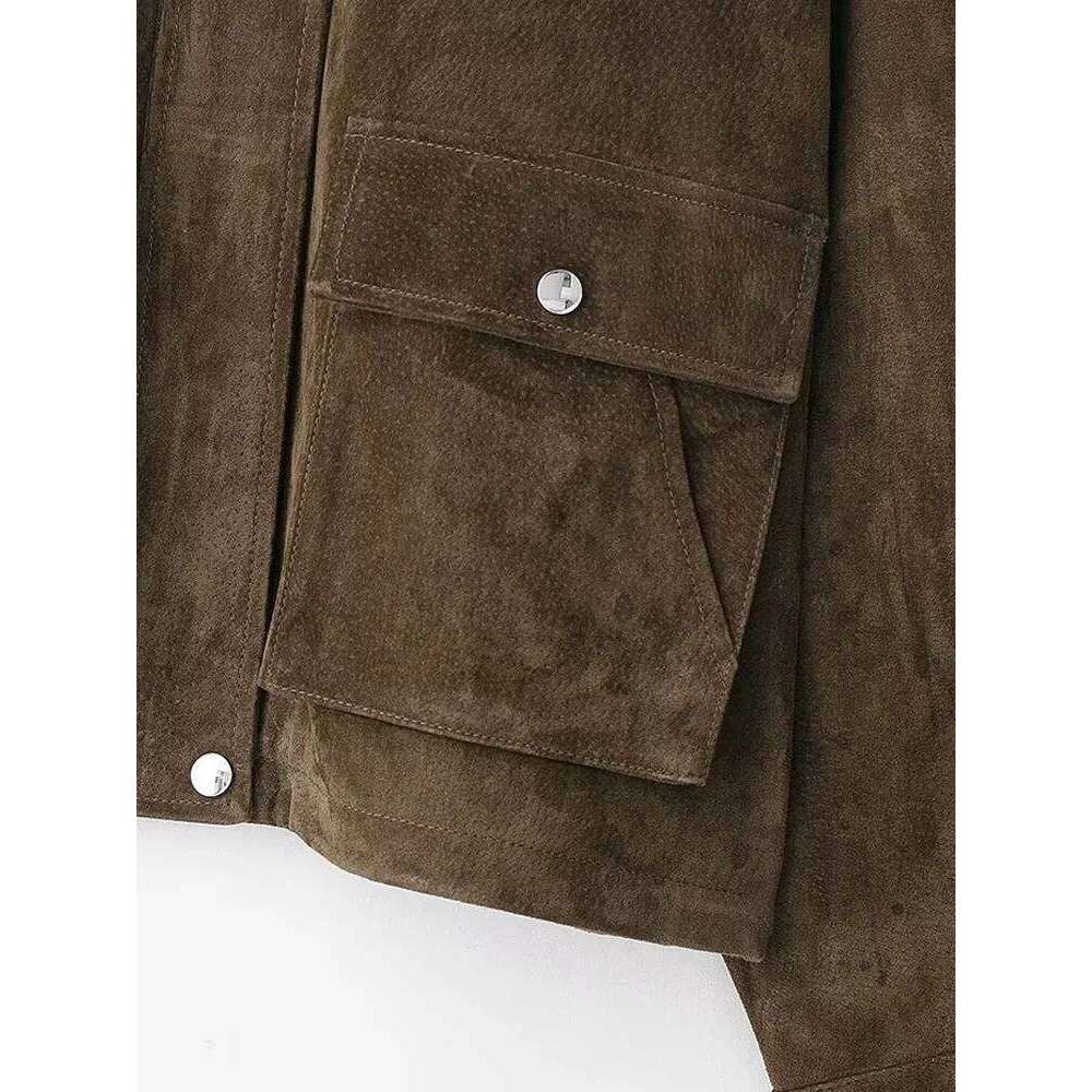 Women Fashion Faux Leather Bomber Jacket Coat Long Sleeve Front Patch Pockets Female Outerwear Chic Tops