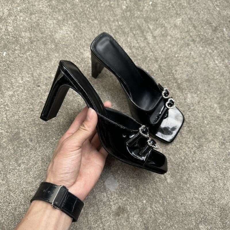 2025 New Rhinestone art Patent Leather Square Toe Slip-On Fairy Style Open-Toe heelegant Chunky heel Women's Sandals