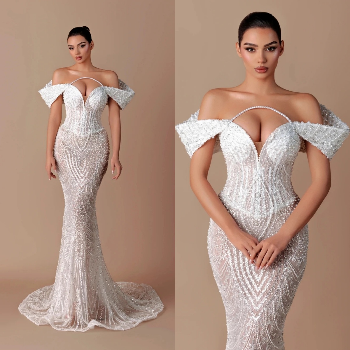 Unique Off Shoulder Wedding Dresses Pearls Sequins Bridal Gowns See Through Beading Mermaid Customized Sweep Train Vestidos De Novia Plus Size
