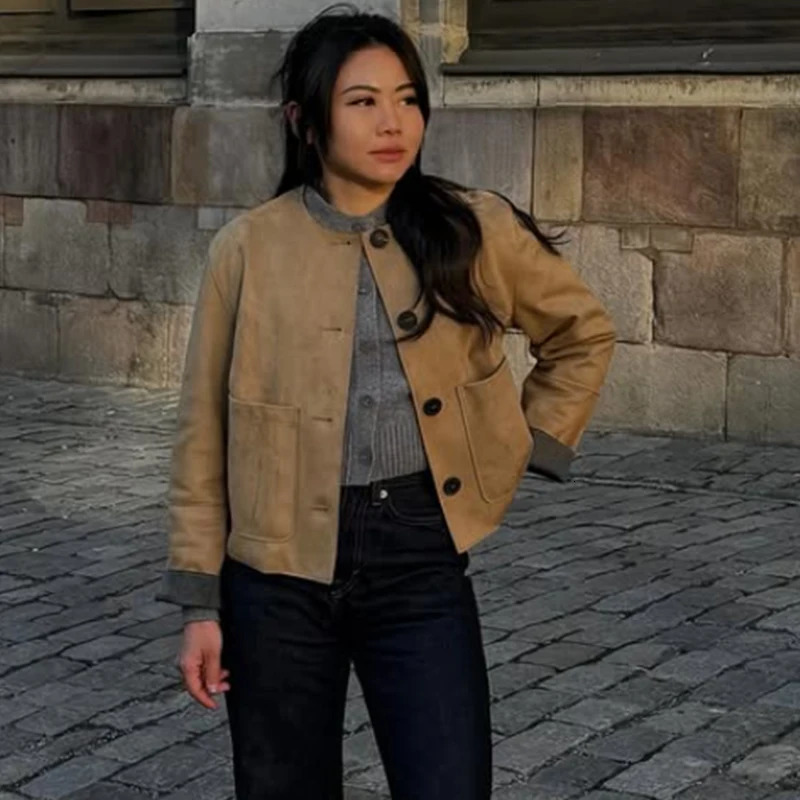 HXAO DemiSeason Suede Jacket Women Cropped Coat Autumn Faux Bomber Outerwear Button Elegant Short 250930