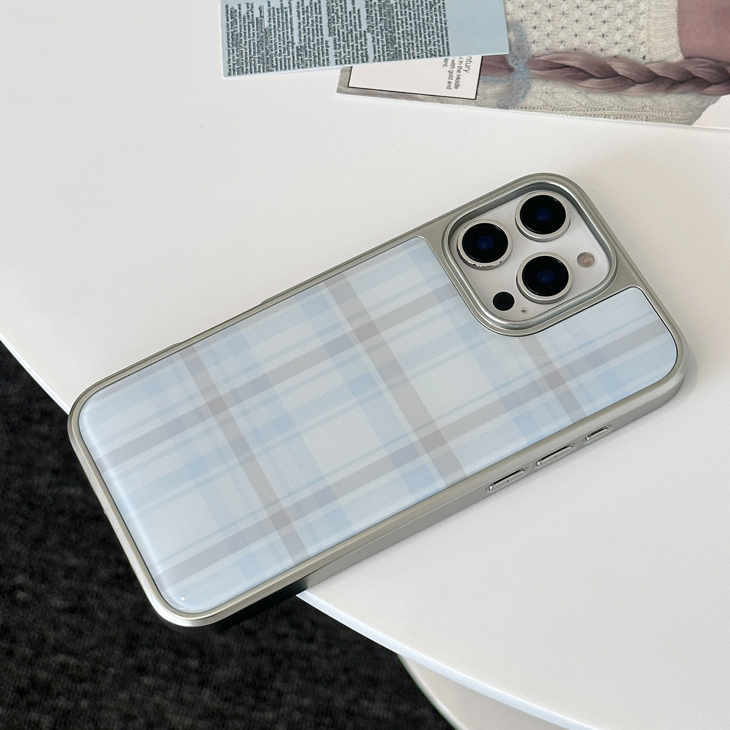 Compatible with iPhone 17 Pro Max Case, Aesthetic Cute Elegant Blue Plaid Pattern Soft TPU Hard Back Shockproof Protective Cover for Women Girls
