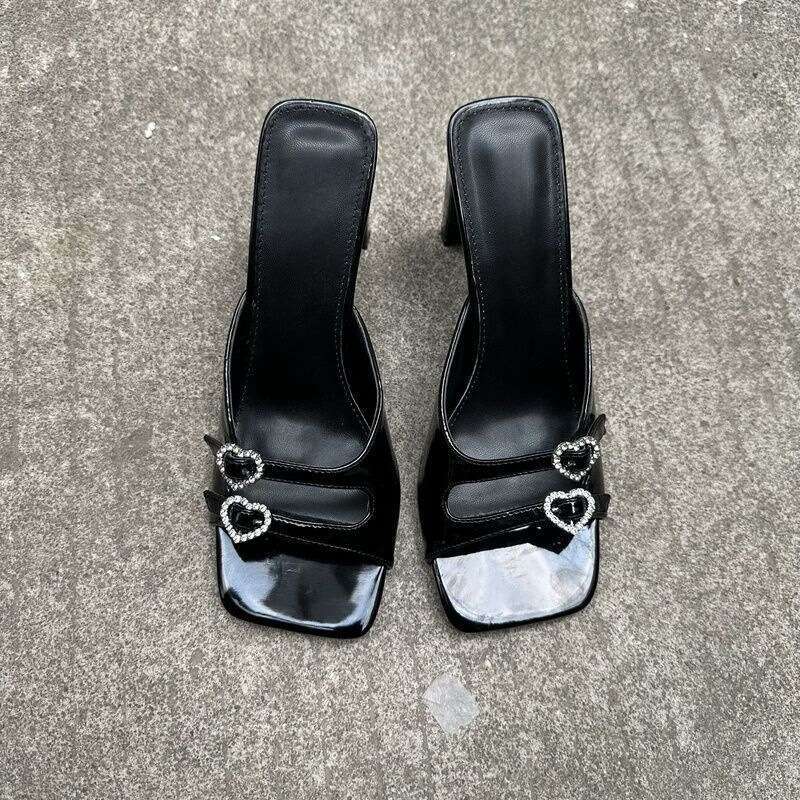 2025 New Rhinestone art Patent Leather Square Toe Slip-On Fairy Style Open-Toe heelegant Chunky heel Women's Sandals