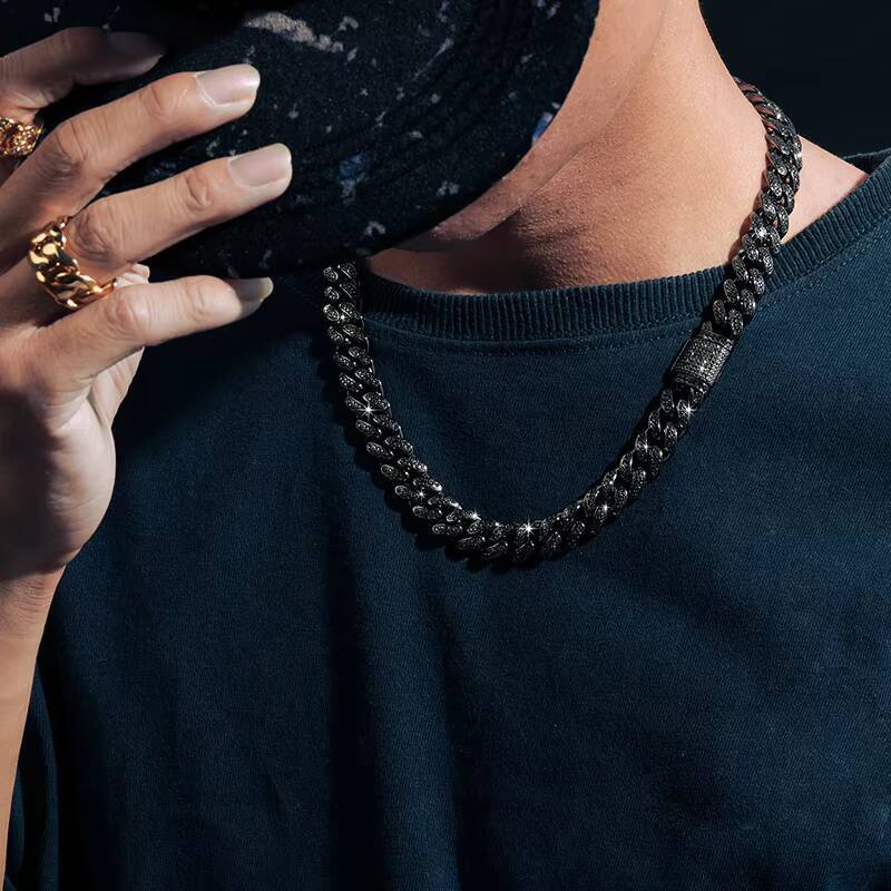 Fresh Item 12mm Black VVS Moissanite Iced Out Cuban Link Chain Hip Hop Fine Jewelry 925 Sterling Silver Diamond Cuban Necklace