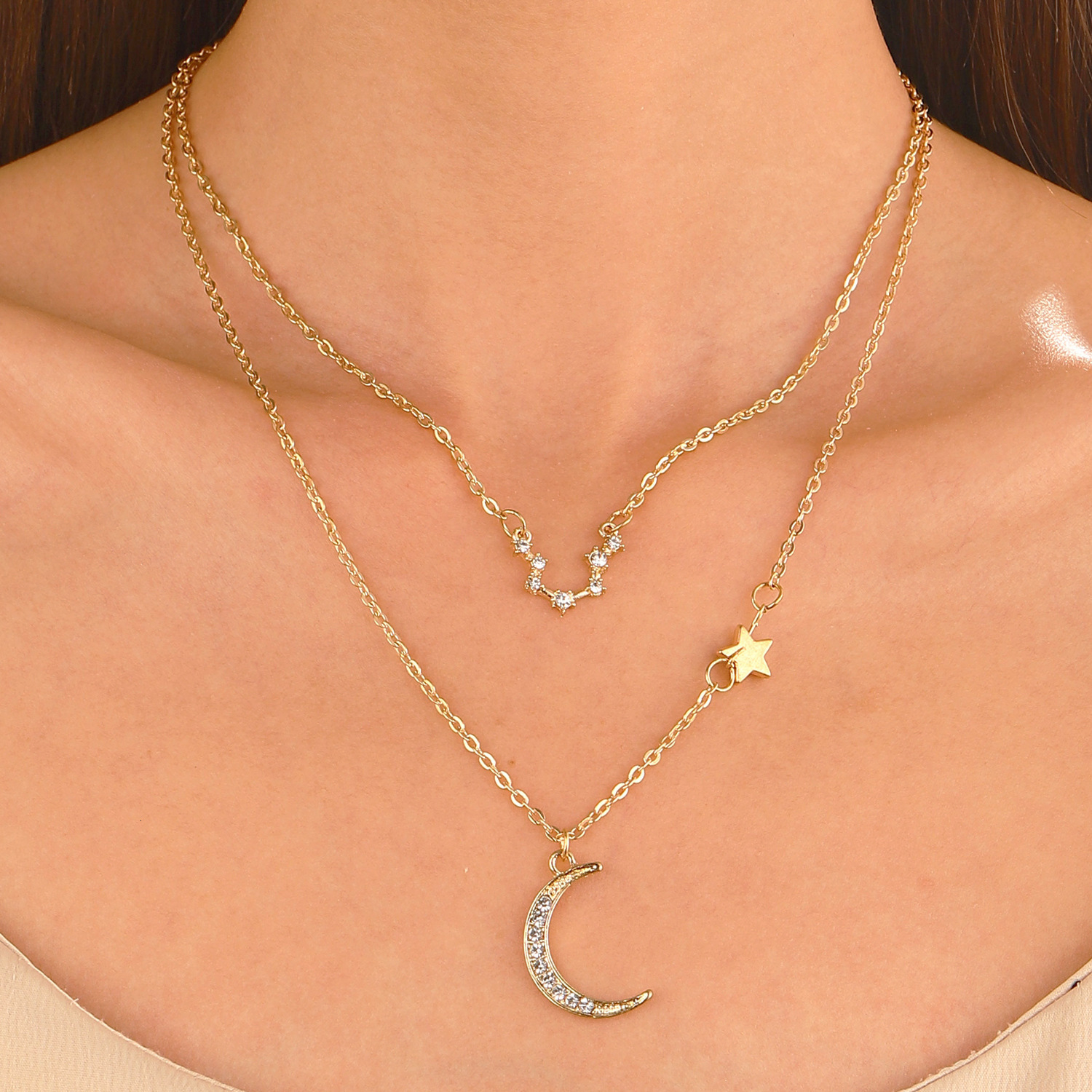 Double Layer Star Moon Collarbone Chain Elegant Inlaid Dia Zodiac Necklace Ins Style Internet Celebrity Accessory