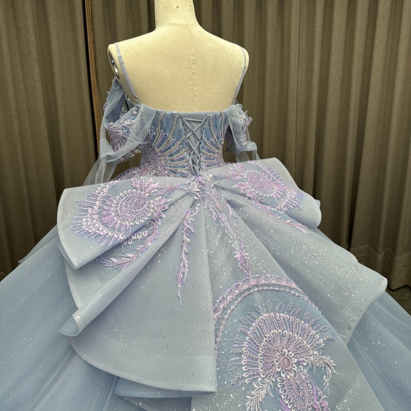 Blue Quinceanera Dresses Off The Shoulder Applique Lace Beading Crystal Bow Tull Party Birthday Sweet 16 Dress Vestidos 15 De Anos
