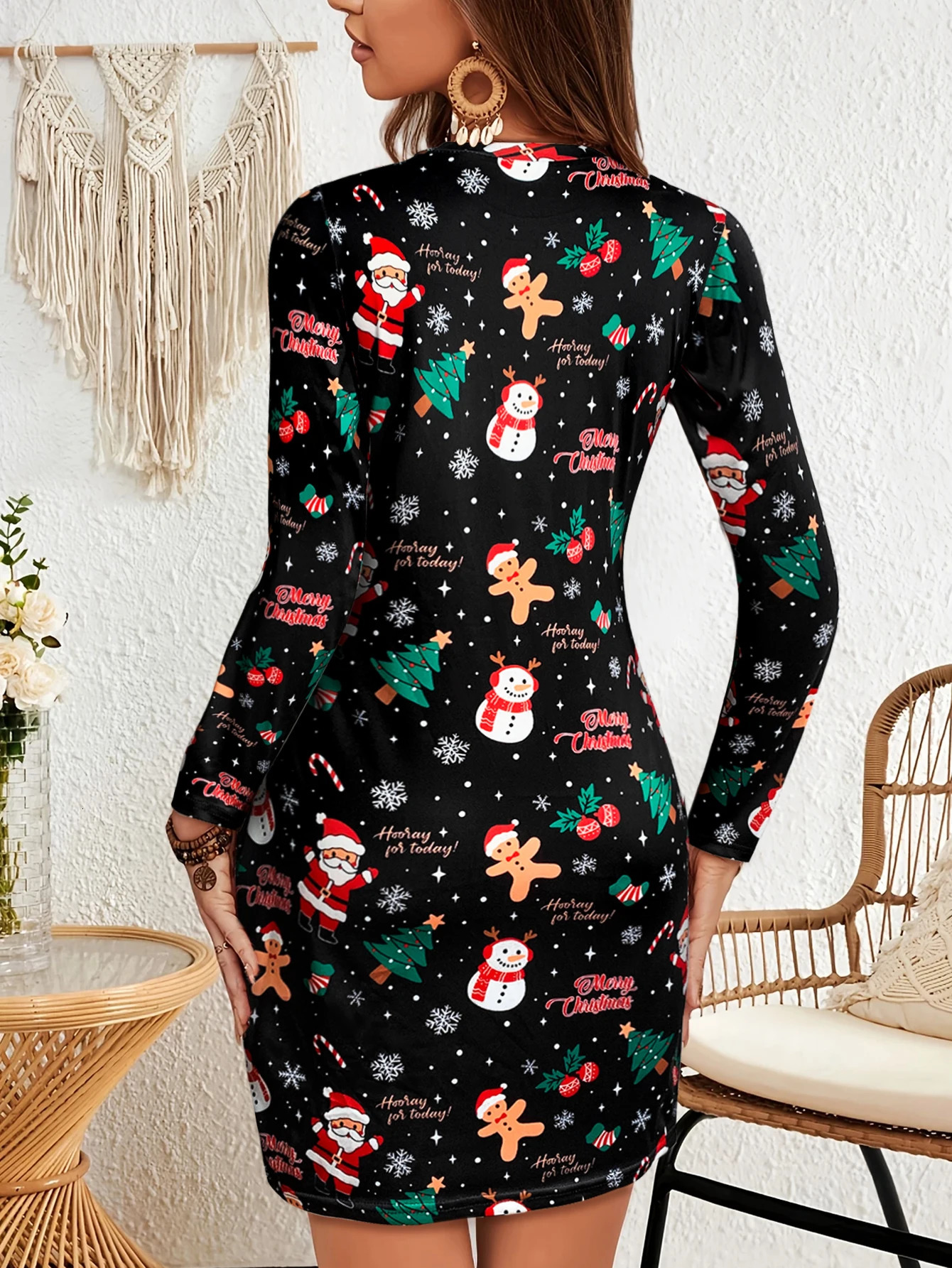 Womens Christmas Themed Long Sleeve Mini Dress Round Neck Fun Festive Prints Great for Daily Christmas Outings and Casua 250930